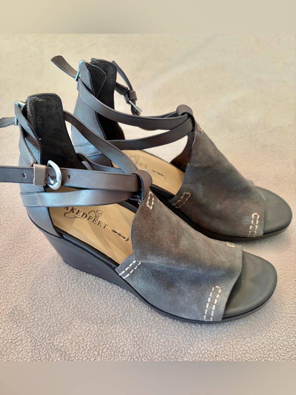 Naked Feet Charcoal Suede Open-Toe Wedge Sandals with Ankle Straps